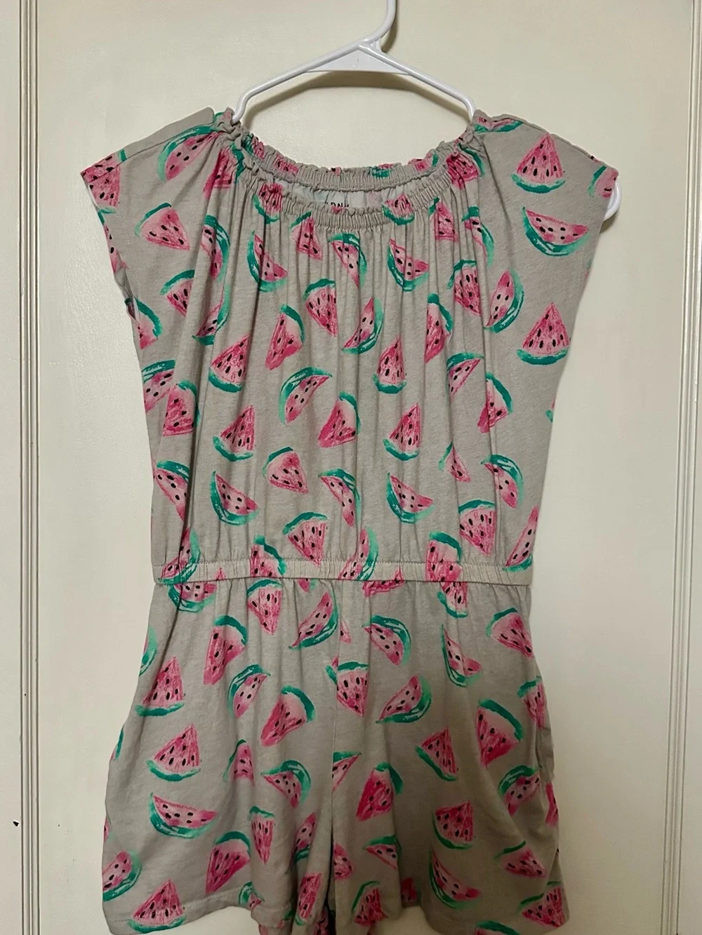 Watermelon Print Grey Romper with Pockets - Girls’